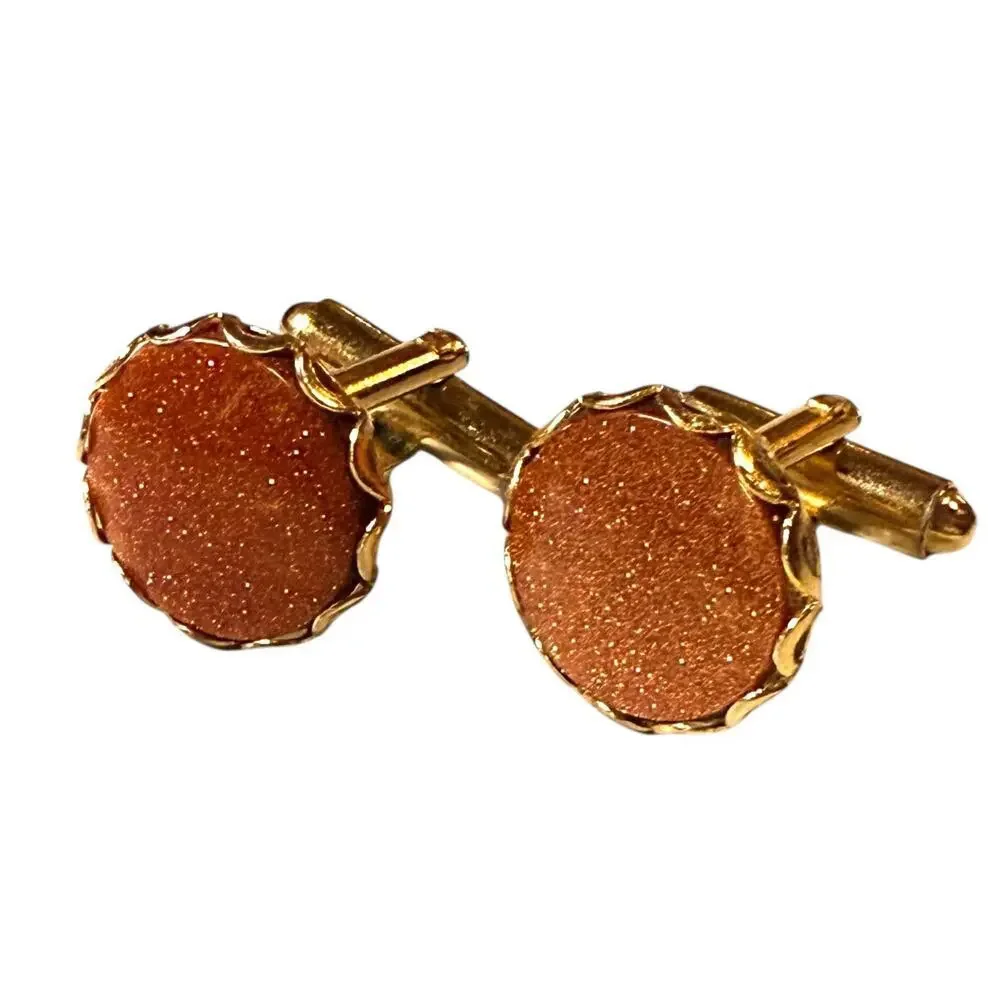 Vintage Cufflinks & Tie Pin Mens Gold Tone Blood Orange Glass Gold Stone Set